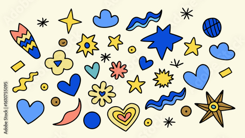 Joyful Pastel Doodle Pattern:  Hearts, Stars, and Abstract Shapes Background Illustration