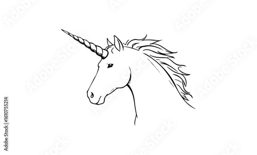 Elegant line art of a unicorn head with flowing mane and single horn. Vector retro hand drawn illustration