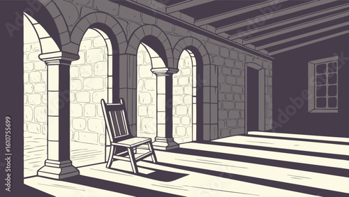 Illustration of a chair in a stone hallway with arches and light streaming through the openings