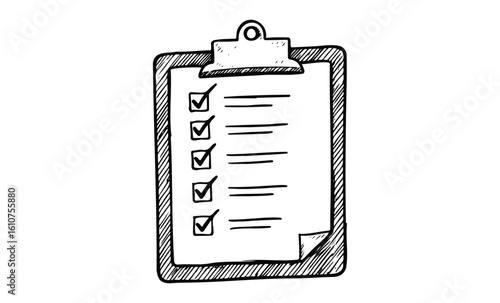 Hand-drawn sketch of checklist with checked boxes on clipboard. Vector retro hand drawn illustration