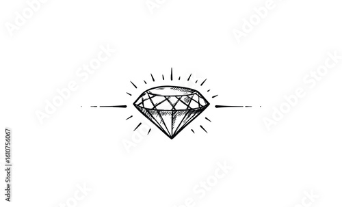 Sketch of geometric diamond with radiating lines and facets. Vector retro hand drawn illustration