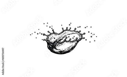 Splash ink design with dynamic droplet and artistic fluid motion. Vector retro hand drawn illustration