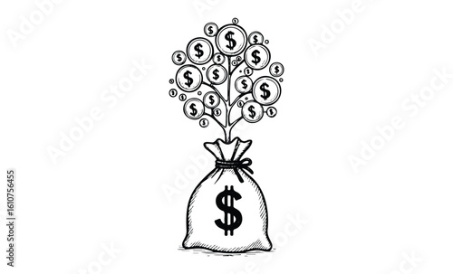 Money growth concept: sack with dollar symbol tree illustration. Vector retro hand drawn illustration