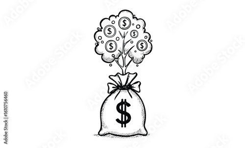 Growing money tree in a bag with dollar symbols representing financial growth and investment. Vector retro hand drawn illustration