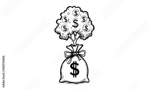 Money tree growing from a bag with dollar signs – wealth and financial growth concept. Vector retro hand drawn illustration