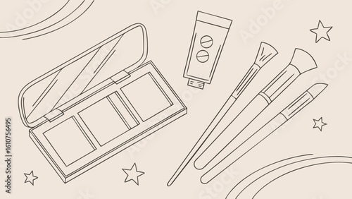 Illustration of an open makeup palette with brushes and a tube surrounded by stars art drawing