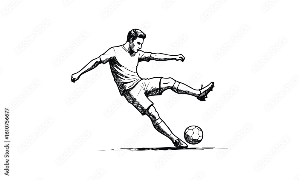 Fototapeta premium Male soccer player kicking ball illustration. Vector retro hand drawn illustration