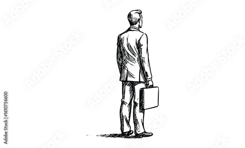 Young caucasian male businessman in suit with briefcase sketch. Vector retro hand drawn illustration