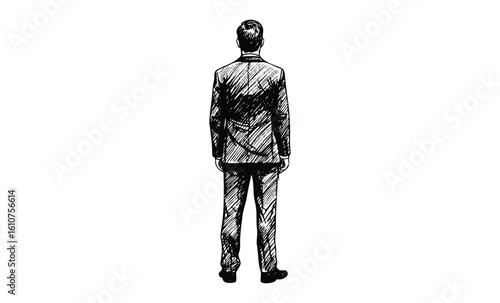 Sketch of caucasian male adult in suit standing with back view. Vector retro hand drawn illustration