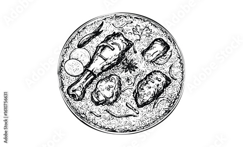 Hand-drawn biryani dish with chicken drumsticks and lime slices on a circular plate. Vector retro hand drawn illustration