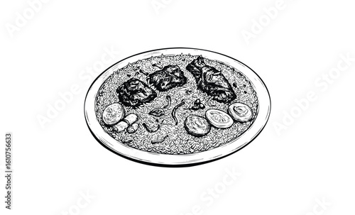 Chicken biryani on white plate with boiled egg and herbs. Vector retro hand drawn illustration