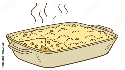 Illustration of a casserole dish filled with a cheesy baked dish and rising steam from the food