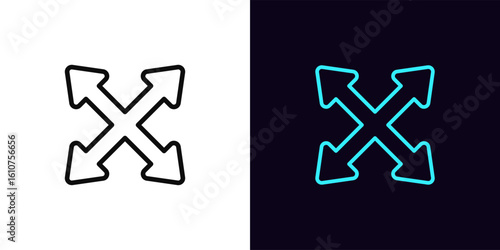 Outline scale arrow icon, with editable stroke. Scale size icon with arrow cross, expand interface. Full screen, increase display size, enlarge scale, zoom control, resize tool, maximize. Vector icon