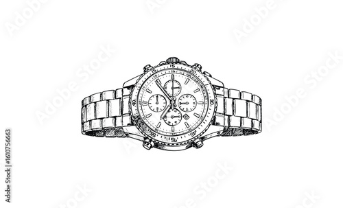 Detailed black and white ink sketch of a luxury analog chronograph watch. Vector retro hand drawn illustration