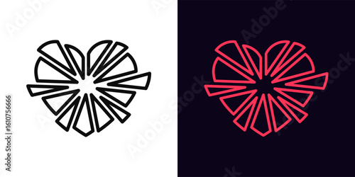 Outline broken love icon, with editable stroke. Broken heart fragments, fragile love relationship. Shattered heart with glass shards, destroyed love, hurt feeling, heartbreak pain. Vector icon