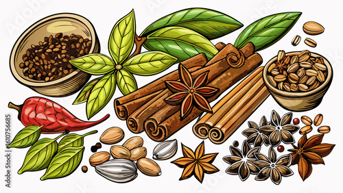 very Beautiful a bunch of various type of spice ingredients , nutmeg, star anise, cinnamon stick, white background with shadow