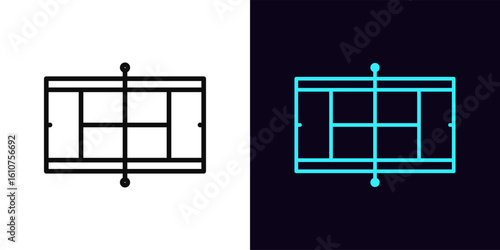 Outline tennis court icon, with editable stroke. Tennis field scheme with line marking. Tennis stadium and sport arena, gaming court and training playground, top view of play field layout. Vector icon