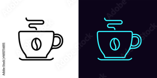 Outline coffee mug icon, with editable stroke. Coffee cup with grain icon and aroma, good morning. Natural grain coffee, espresso cup, americano mug, organic product, hot drink. Vector icon