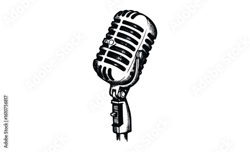 Vintage retro microphone illustration with grunge style detailing. Vector retro hand drawn illustration