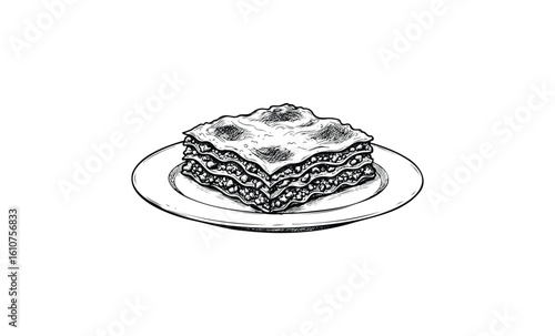 Hand-drawn sketch of classic lasagna on plate - detailed line art. Vector retro hand drawn illustration