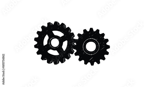 Black and white interlocking gear wheels symbolizing teamwork and precision. Vector retro hand drawn illustration