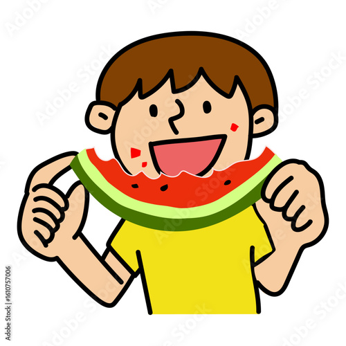 スイカ食べる少年