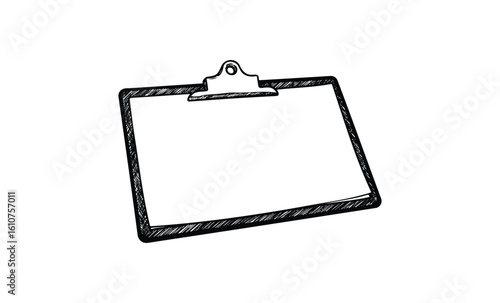 Hand-drawn clipboard illustration with blank paper on plain background. Vector retro hand drawn illustration