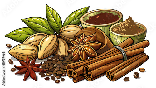 very Beautiful a bunch of various type of spice ingredients , nutmeg, star anise, cinnamon stick, white background with shadow