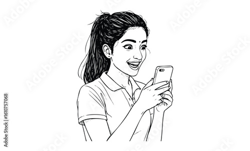 Young asian female excitedly using smartphone with enthusiastic expression. Vector retro hand drawn illustration