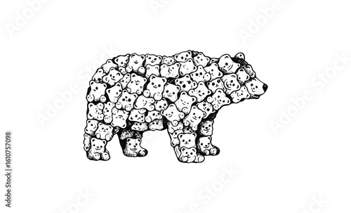 Intricate bear illustration composed of multiple bear faces in black and white. Vector retro hand drawn illustration