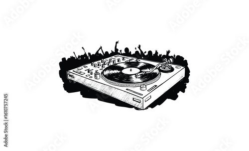 Vintage turntable with dancing crowd in black and white illustration. Vector retro hand drawn illustration