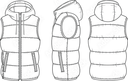 Cad drawing flat vector illustration of a stylish women's hooded puffer vest, shown from front, side, and back views, featuring a clean design, zip closure, 