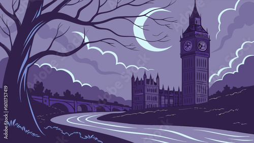 Illustration of big ben and westminster bridge at night with a crescent moon and a tree in the foreground