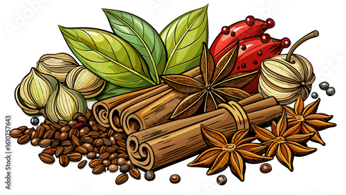 very Beautiful a bunch of various type of spice ingredients , nutmeg, star anise, cinnamon stick, white background with shadow