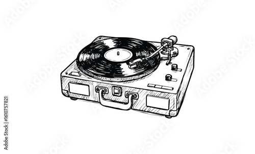 Vintage turntable with vinyl record sketch drawing - retro audio equipment. Vector retro hand drawn illustration