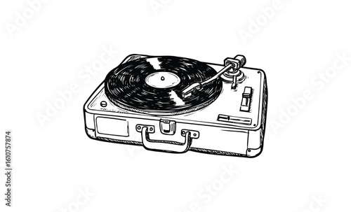 Vintage turntable sketch with vinyl record and tonearm in detailed line art. Vector retro hand drawn illustration