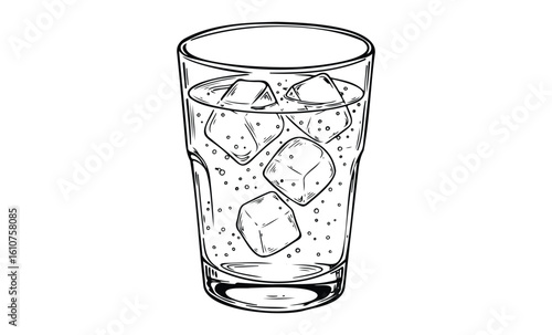 Illustration of a glass of sparkling water with ice cubes. Vector retro hand drawn illustration