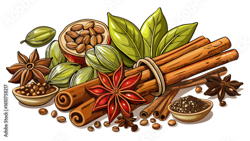 very Beautiful a bunch of various type of spice ingredients , nutmeg, star anise, cinnamon stick, white background with shadow