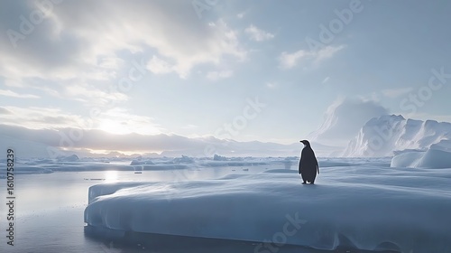 Majestic penguin and glacial cliffs in polar region high resolution picture