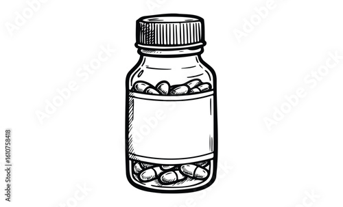 Hand-drawn sketch of medicine bottle with capsules and blank label. Vector retro hand drawn illustration