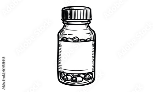Sketch of medicine bottle with label and pills inside. Vector retro hand drawn illustration
