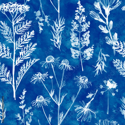 Seamless Cyanotype Floral Pattern with Indigo Watercolor Texture and Delicate Botanical Silhouettes