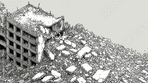 崩壊した都市の廃墟と瓦礫の風景イラスト

