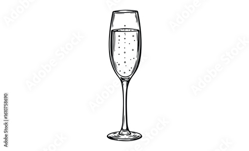 Elegant champagne glass illustration with sparkling bubbles. Vector retro hand drawn illustration