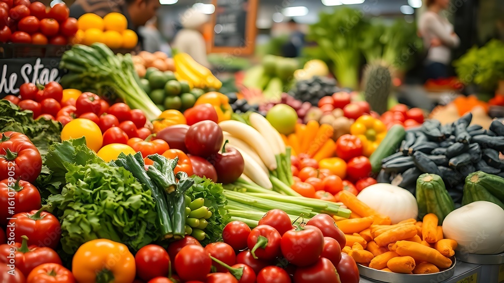 An artistic arrangement of fresh vegetables on a market counter with soft overhead lighting. An artistic arrangement of fresh vegetables on a market counter with soft overhead lighting.