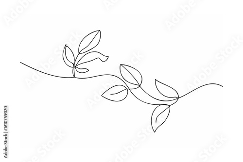 Delicate branch with leaves continuous line art nature