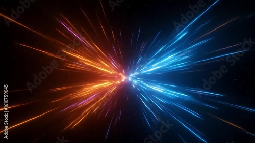 Dynamic clash of orange and blue light beams in a cosmic space, creating a vibrant energy effect
