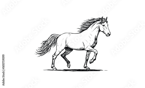 Graceful black and white sketch of a running horse with flowing mane. Vector retro hand drawn illustration