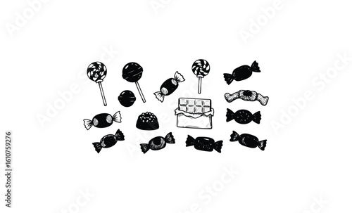 Assorted black and white candy illustrations with lollipops and wrapped sweets. Vector retro hand drawn illustration