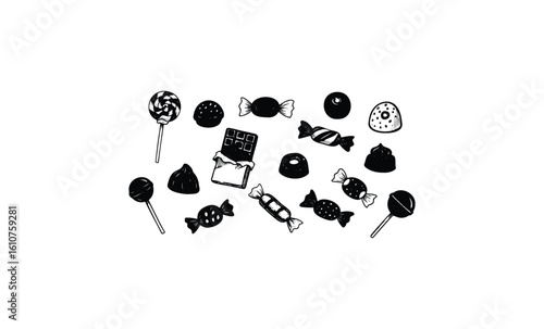 Assorted black and white candy illustrations. Vector retro hand drawn illustration